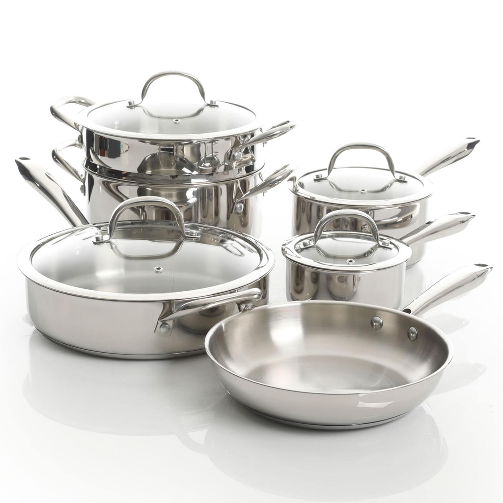 Batterie de cuisine robuste en acier inoxydable, 10 pièces