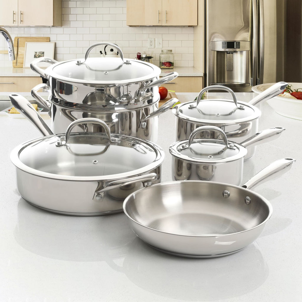 Batterie de cuisine robuste en acier inoxydable, 10 pièces