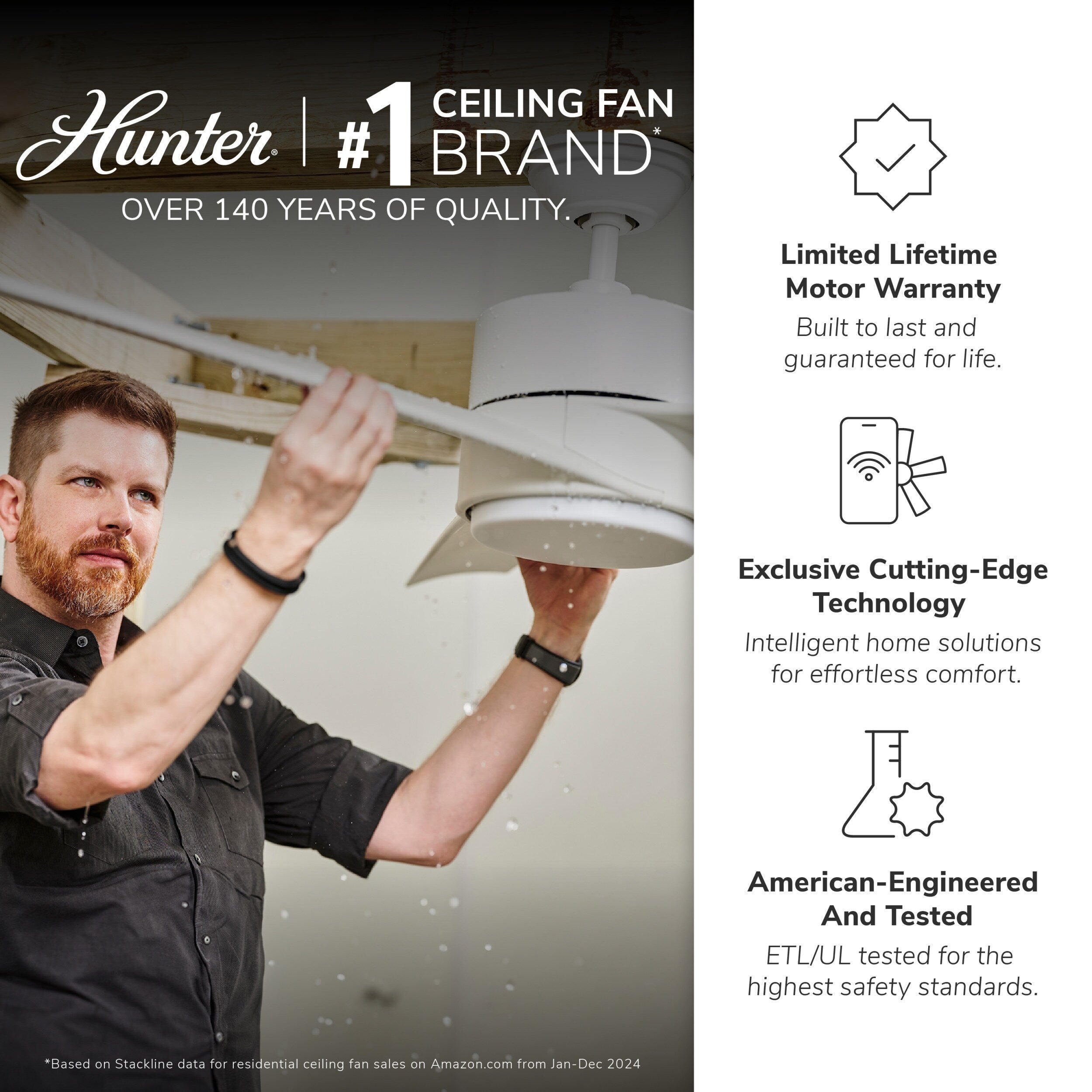 Ventilateur de plafond Hunter 52 Autumn Breeze II, éclairage LED intérieur/extérieur et télécommande portable - Style industriel, transitionnel, moderne, en cage