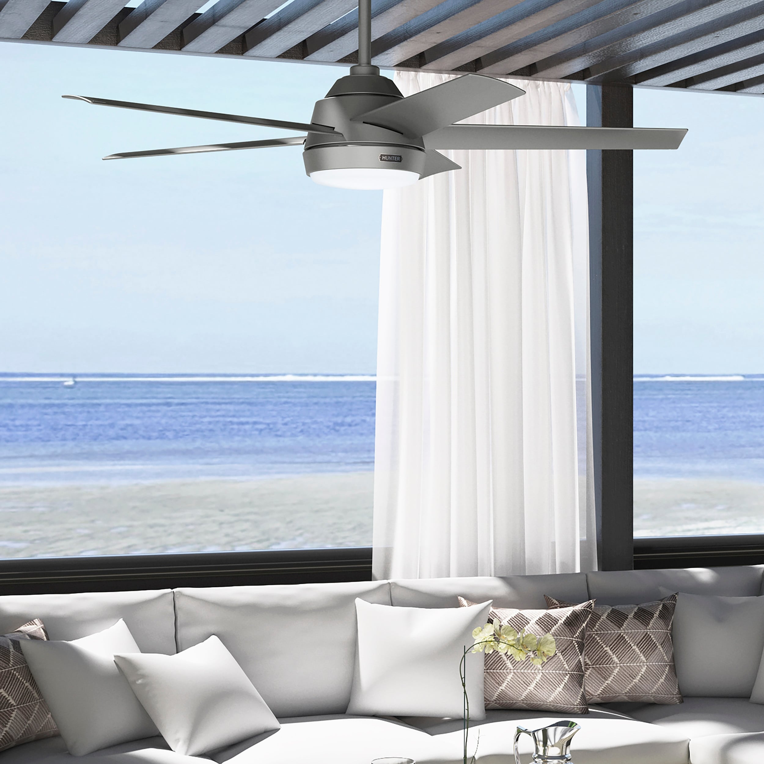 Ventilateur de plafond extérieur Hunter 52 Skyflow avec kit d'éclairage LED, commande murale - Côtier moderne contemporain - WeatherMax - CLASSÉ HUMIDE !