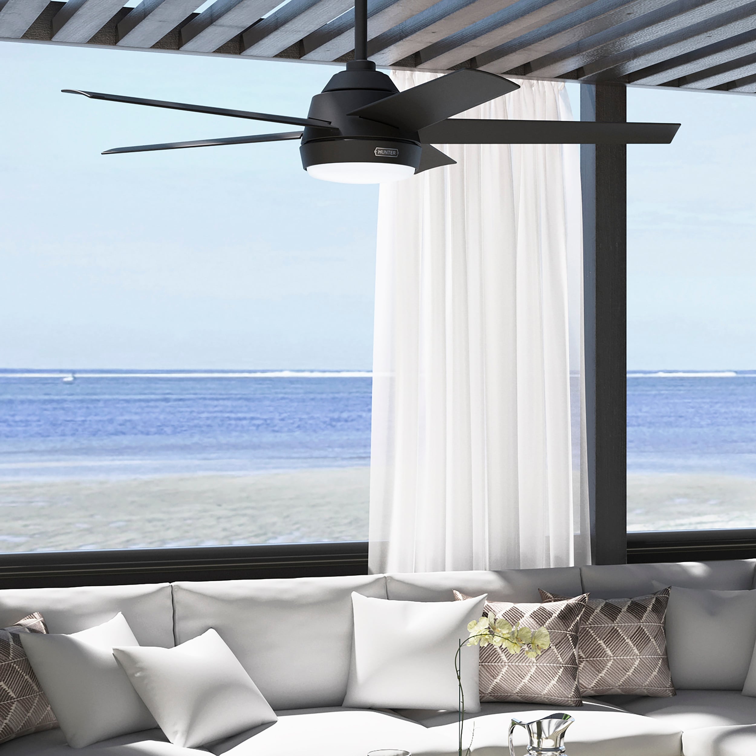 Ventilateur de plafond extérieur Hunter 52 Skyflow avec kit d'éclairage LED, commande murale - Côtier moderne contemporain - WeatherMax - CLASSÉ HUMIDE !