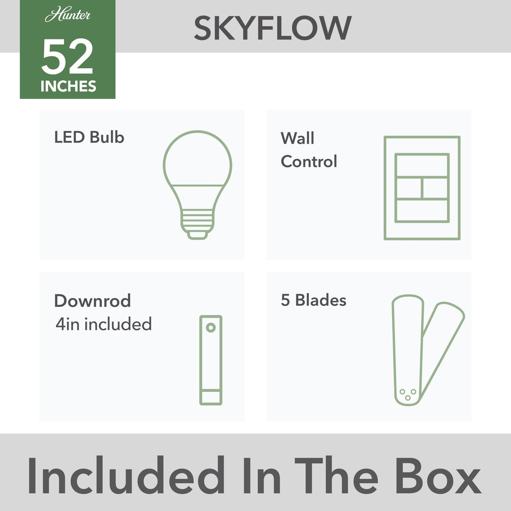 Ventilateur de plafond extérieur Hunter 52 Skyflow avec kit d'éclairage LED, commande murale - Côtier moderne contemporain - WeatherMax - CLASSÉ HUMIDE !