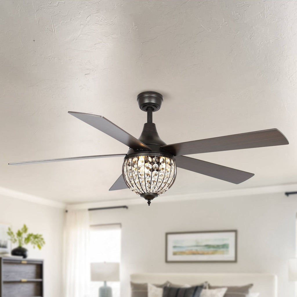 Ventilateur de plafond industriel en bois noir à 5 pales et cristal avec télécommande