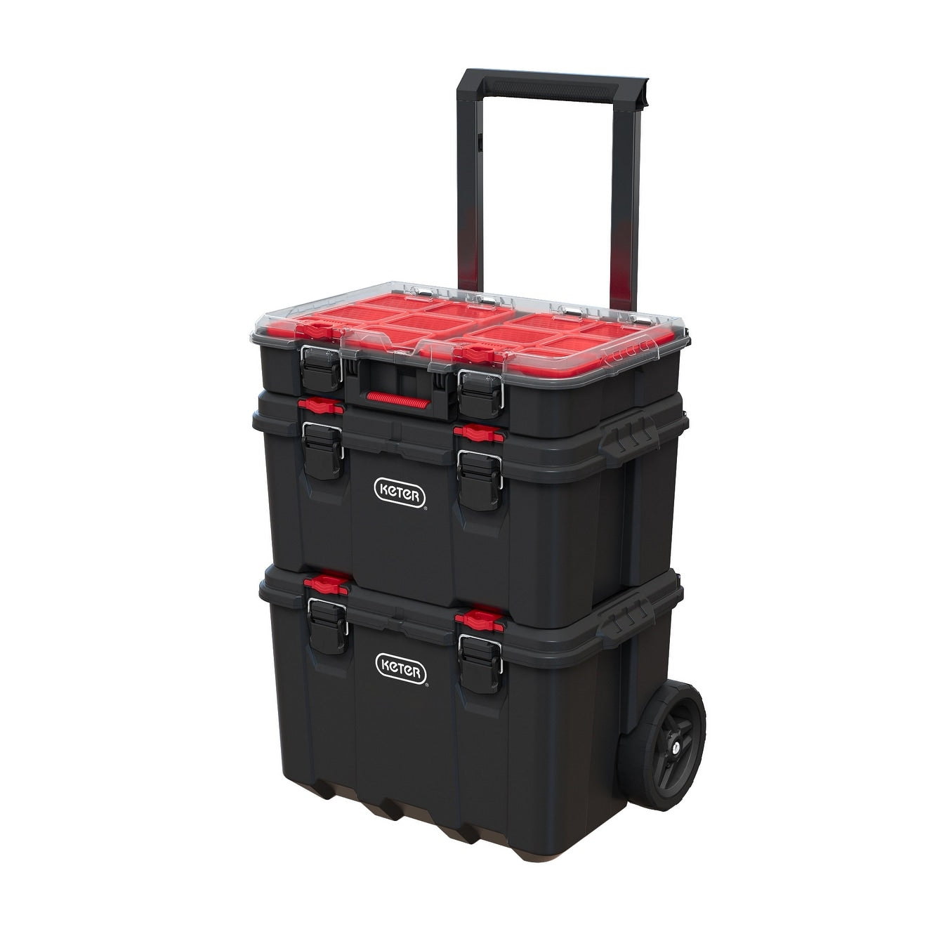 Boîte à outils mobile 3 pièces Keter Stack-n-Roll, rangement et organisation d'outils, système de boîte à outils modulaire en résine durable