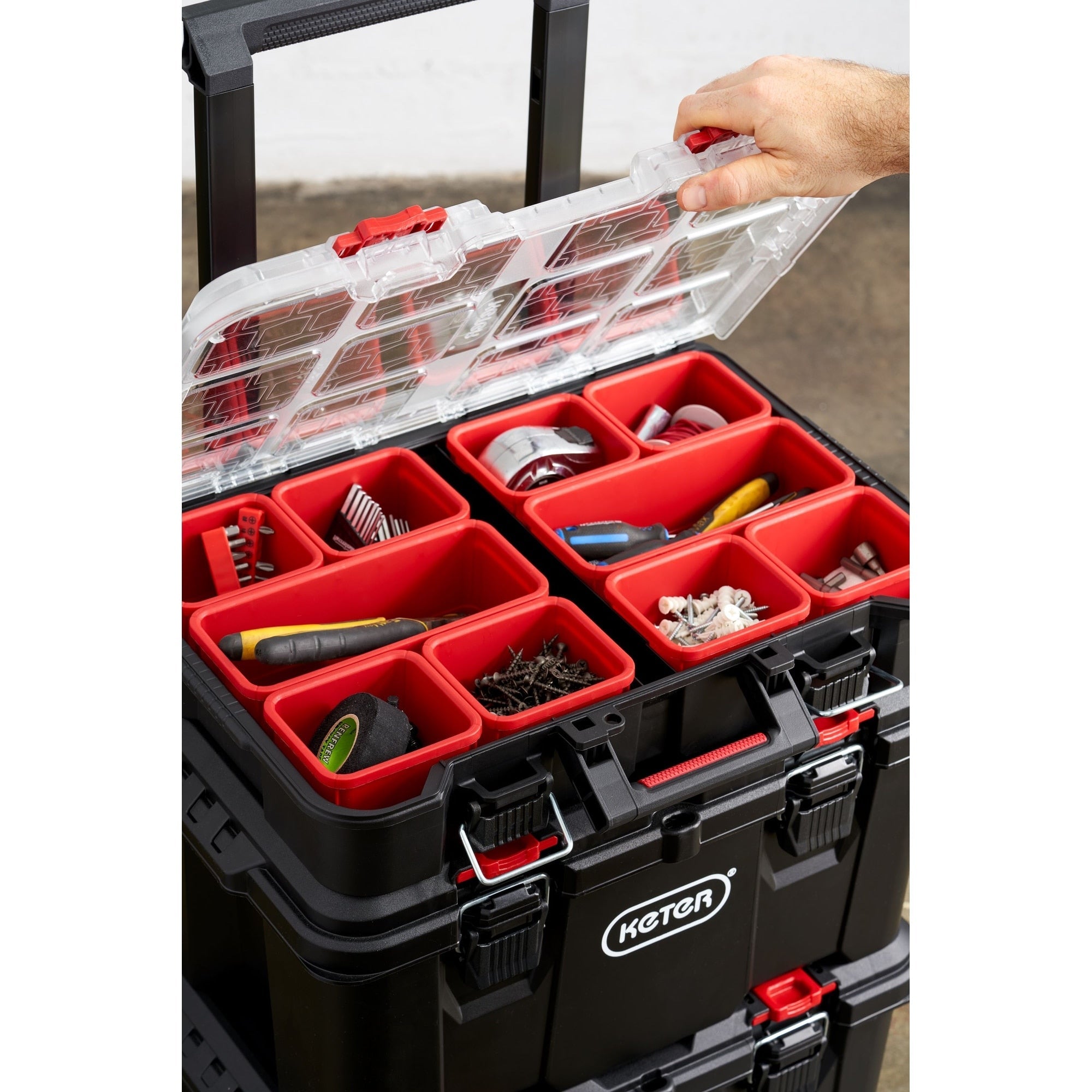 Boîte à outils mobile 3 pièces Keter Stack-n-Roll, rangement et organisation d'outils, système de boîte à outils modulaire en résine durable