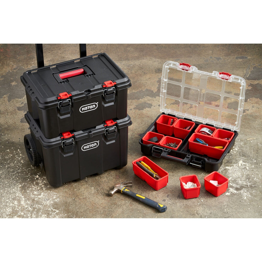Boîte à outils mobile 3 pièces Keter Stack-n-Roll, rangement et organisation d'outils, système de boîte à outils modulaire en résine durable