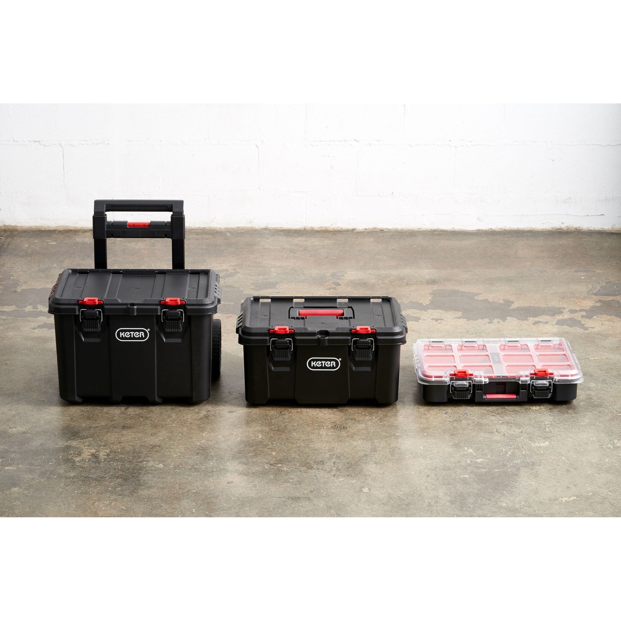 Boîte à outils mobile 3 pièces Keter Stack-n-Roll, rangement et organisation d'outils, système de boîte à outils modulaire en résine durable
