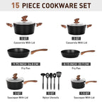 Batterie de cuisine antiadhésive de 15 pièces avec revêtement en granit Kitchen Academy