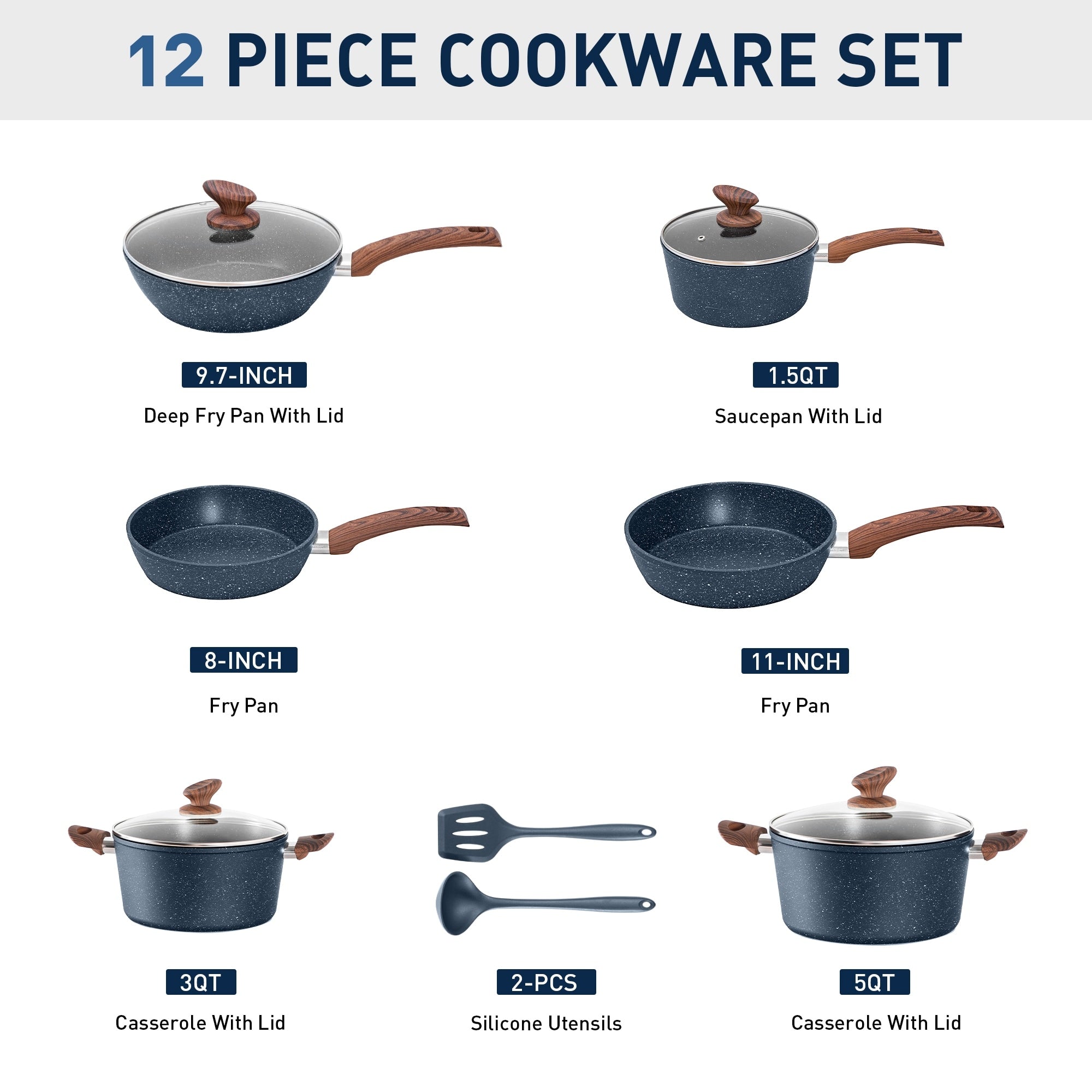 Batterie de cuisine antiadhésive, ensemble de 12 casseroles et poêles en granit
