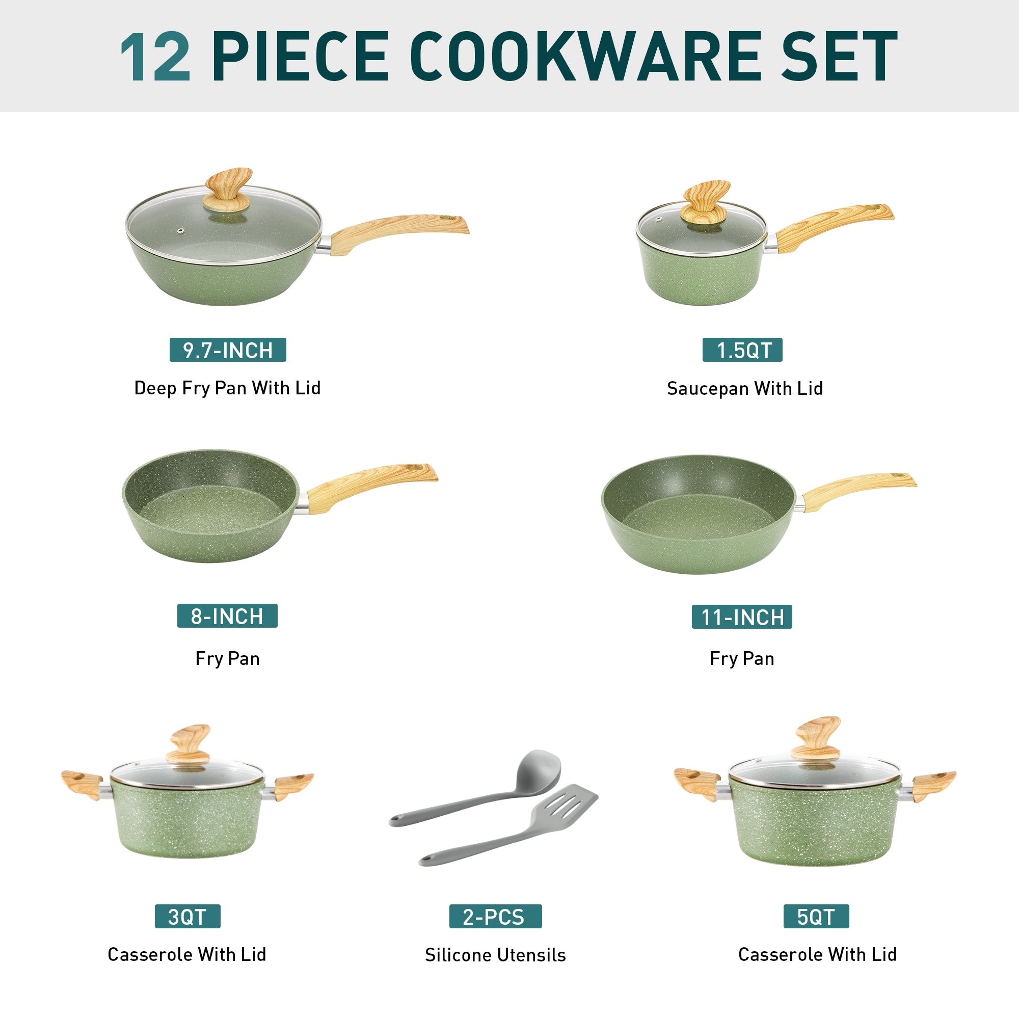 Batterie de cuisine antiadhésive, ensemble de 12 casseroles et poêles en granit