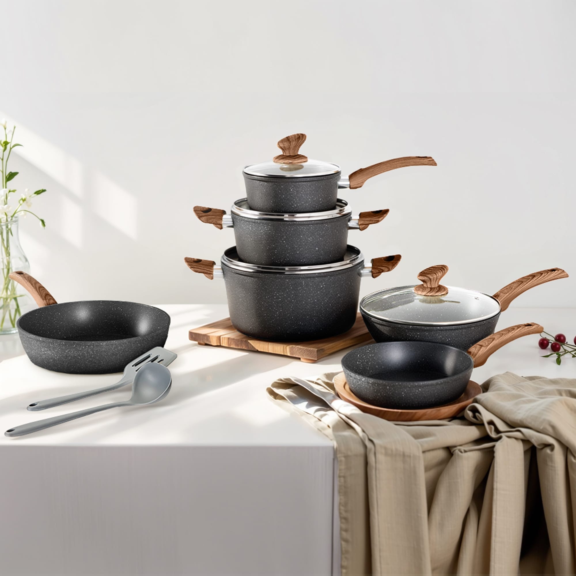 Batterie de cuisine antiadhésive, ensemble de 12 casseroles et poêles en granit