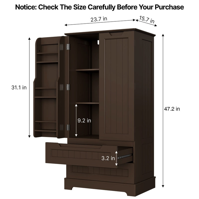 Armoire de rangement pour cuisine, garde-manger, armoire de rangement de salle de bain indépendante avec 2 portes et tiroirs