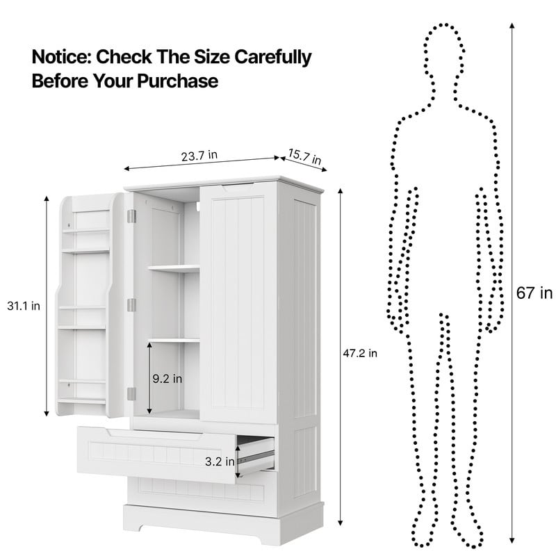 Armoire de rangement pour cuisine, garde-manger, armoire de rangement de salle de bain indépendante avec 2 portes et tiroirs