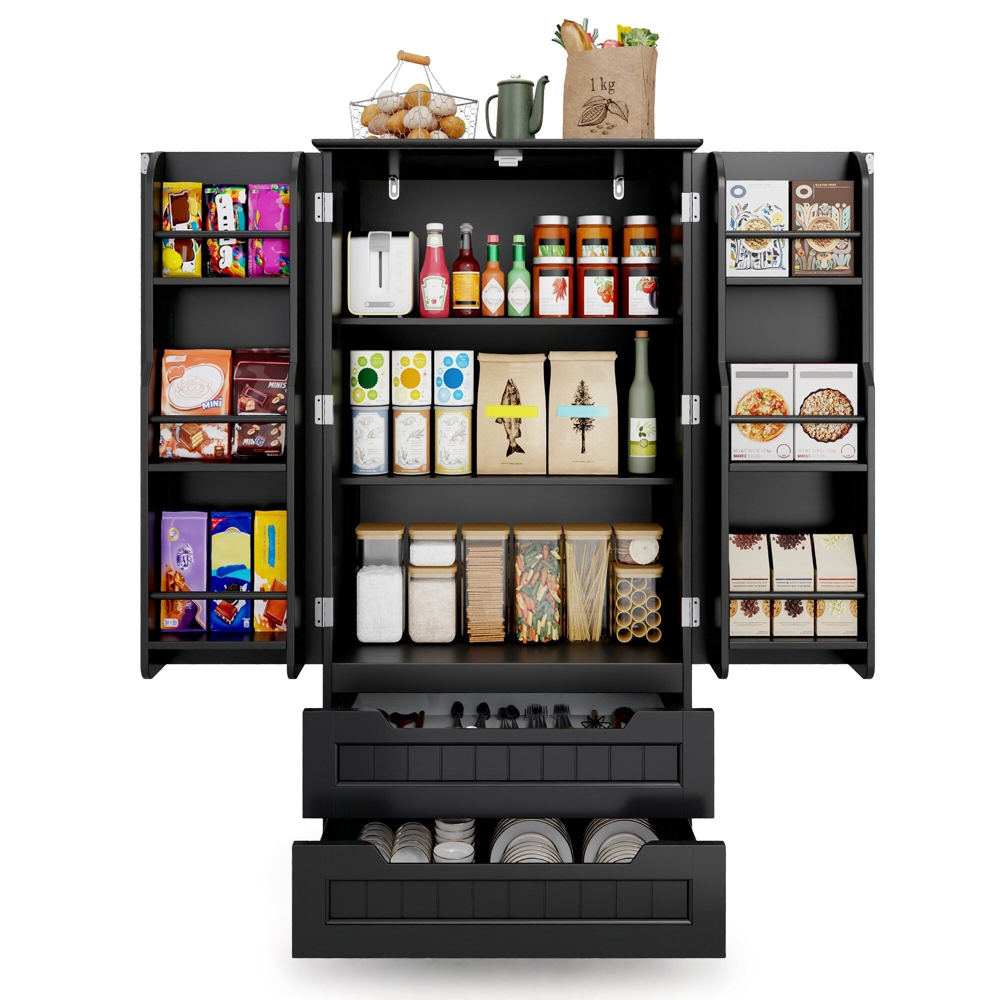 Armoire de rangement pour cuisine, garde-manger, armoire de rangement de salle de bain indépendante avec 2 portes et tiroirs