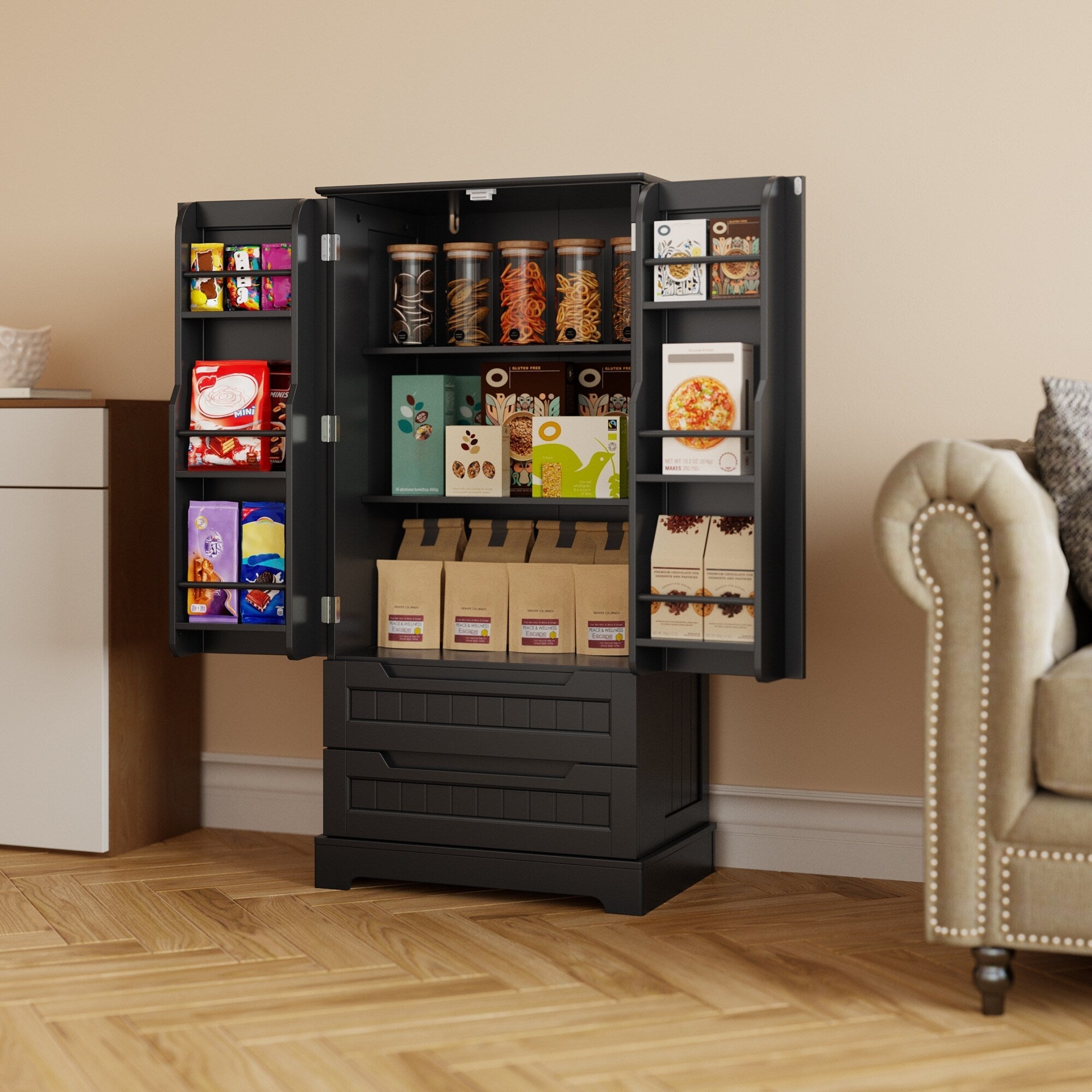 Armoire de rangement pour cuisine, garde-manger, armoire de rangement de salle de bain indépendante avec 2 portes et tiroirs