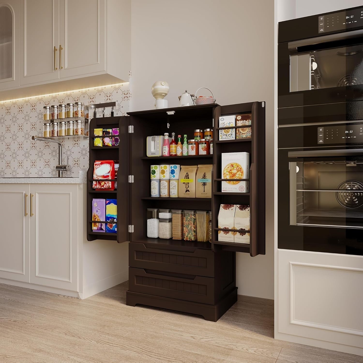 Armoire de rangement pour cuisine, garde-manger, armoire de rangement de salle de bain indépendante avec 2 portes et tiroirs