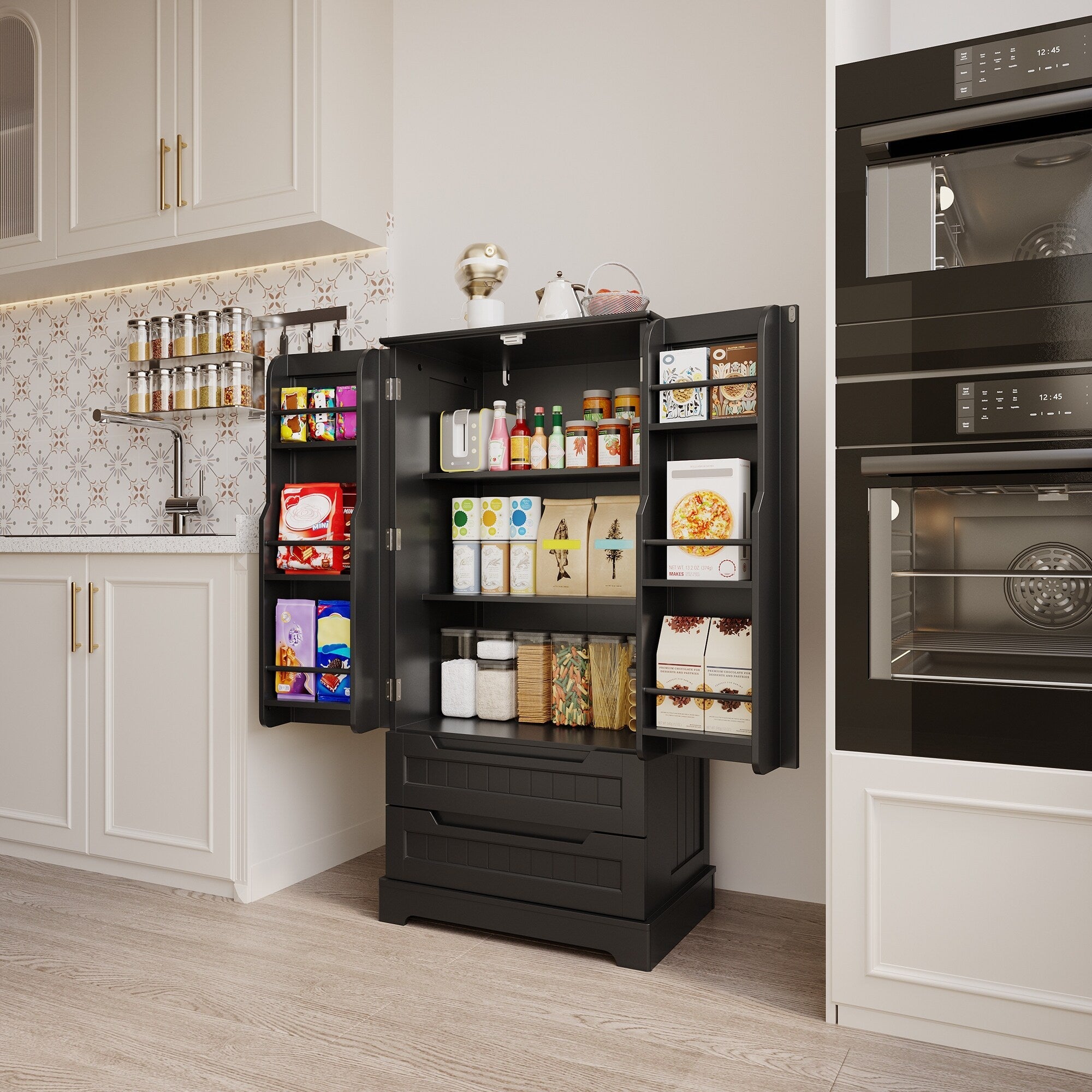 Armoire de rangement pour cuisine, garde-manger, armoire de rangement de salle de bain indépendante avec 2 portes et tiroirs