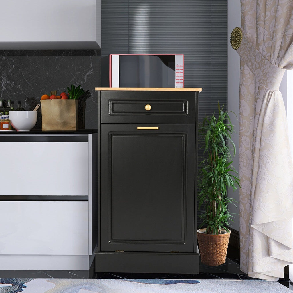 Poubelle de cuisine inclinable avec tiroir et rangement sur plan de travail en bois
