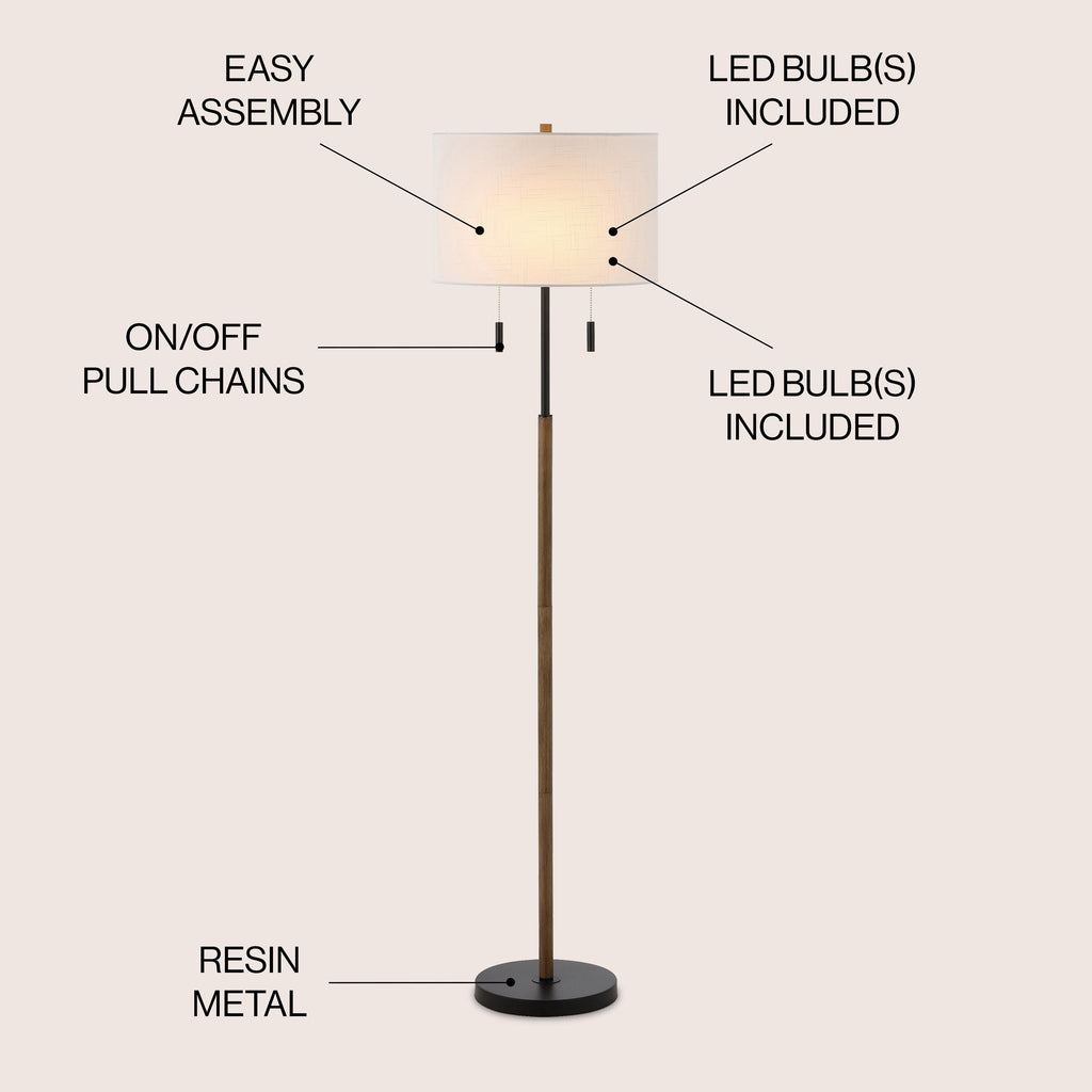 Lampe de sol à LED Koda 61 rustique en fer avec chandelier et chaînes de traction, finition bois marron/noir par JONATHAN Y