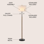 Lampe de sol à LED Koda 61 rustique en fer avec chandelier et chaînes de traction, finition bois marron/noir par JONATHAN Y