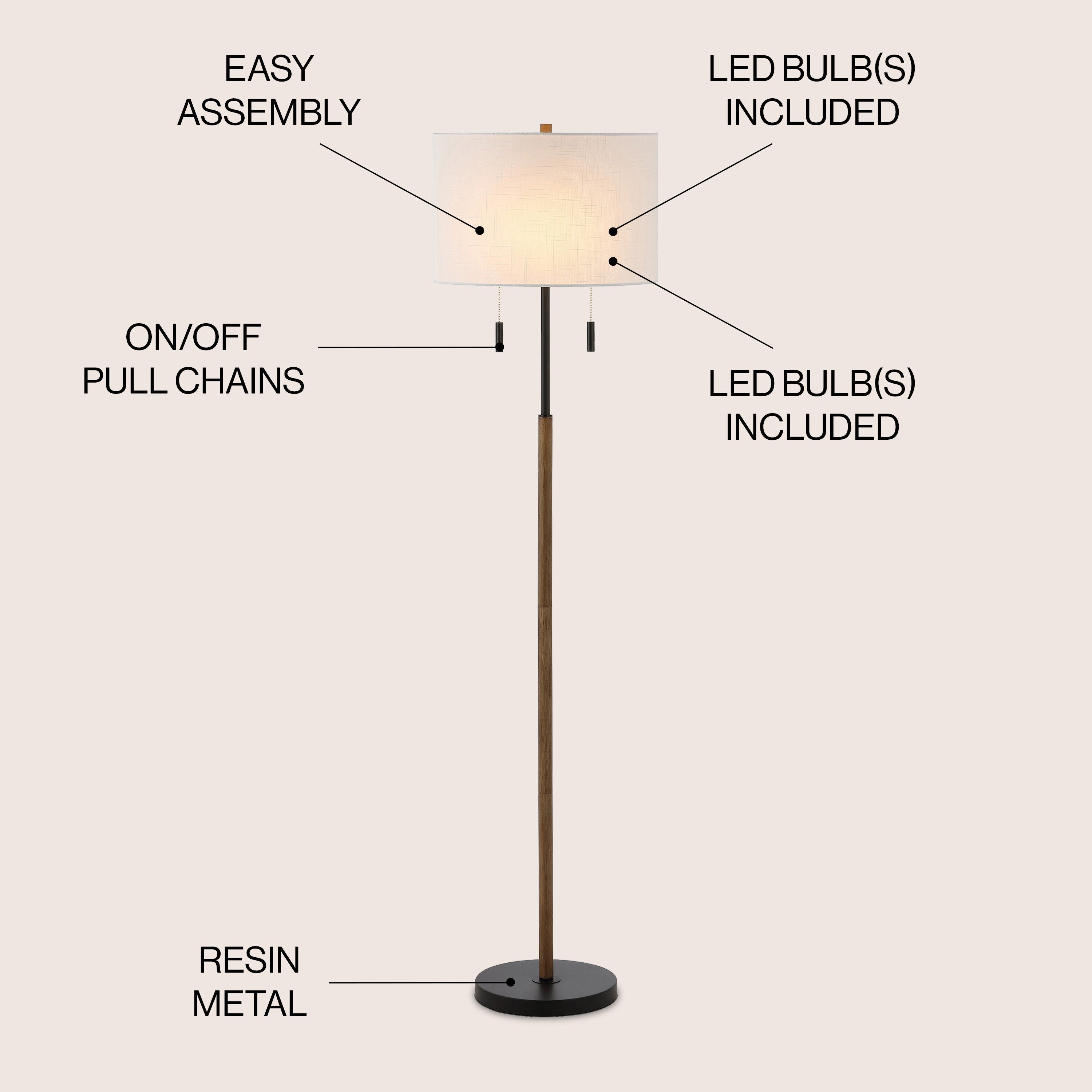 Lampe de sol à LED Koda 61 rustique en fer avec chandelier et chaînes de traction, finition bois marron/noir par JONATHAN Y