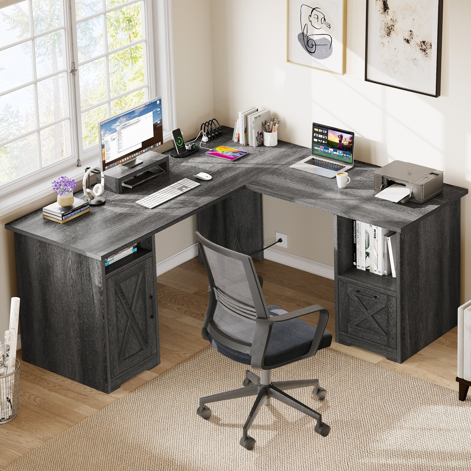 Bureau de jeu d'angle Moasis en L de 59 pouces avec support pour écran