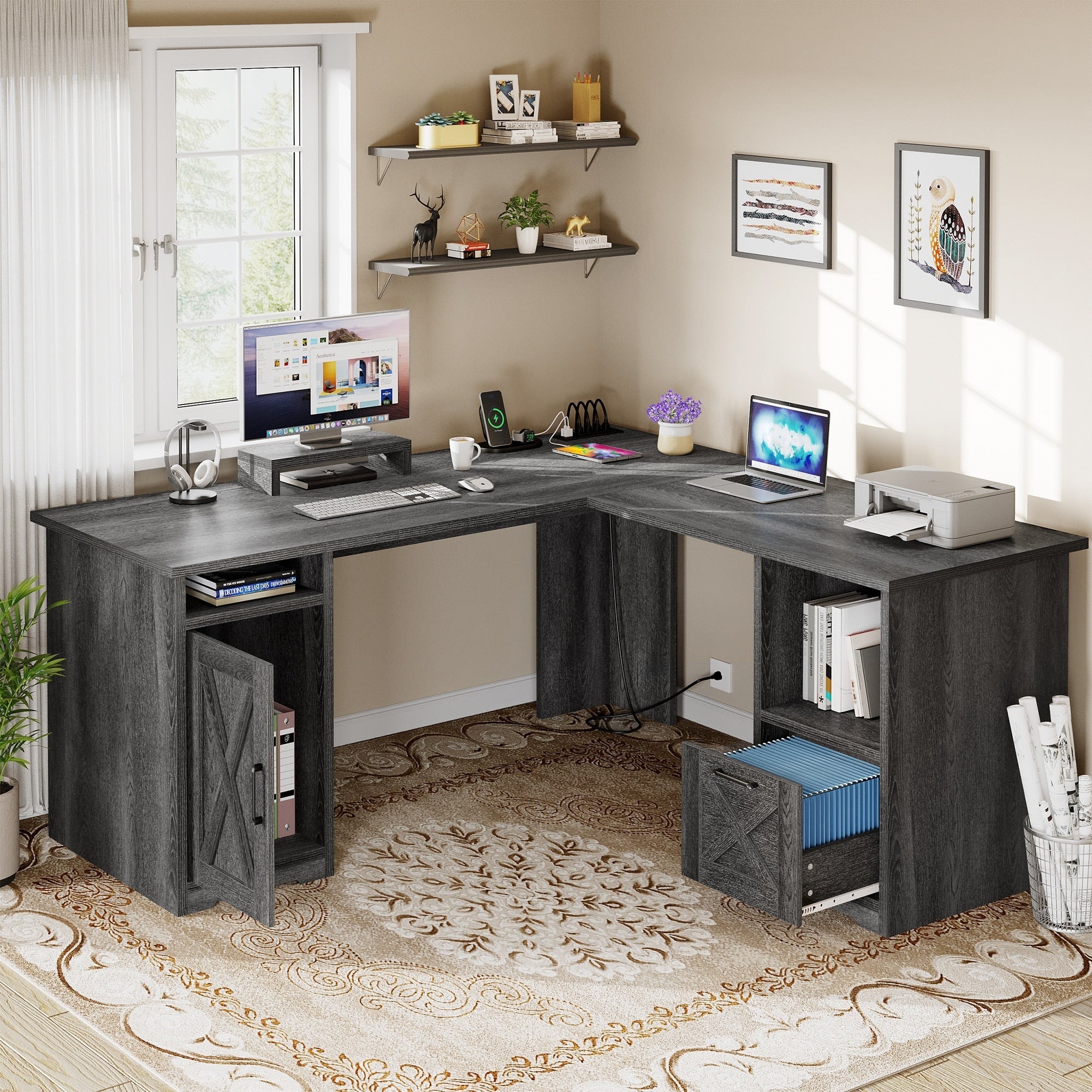 Bureau de jeu d'angle Moasis en L de 59 pouces avec support pour écran