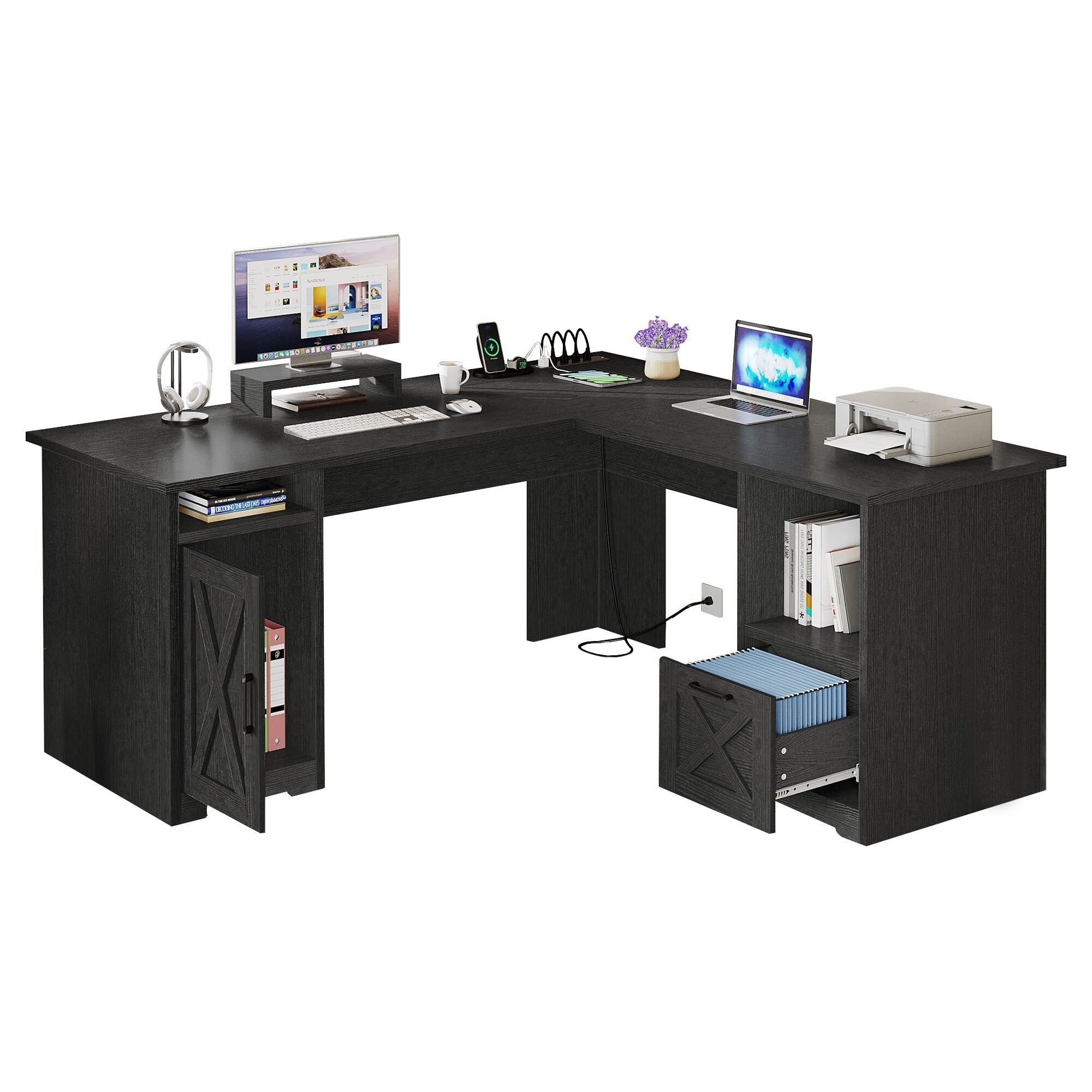 Bureau de jeu d'angle Moasis en L de 59 pouces avec support pour écran