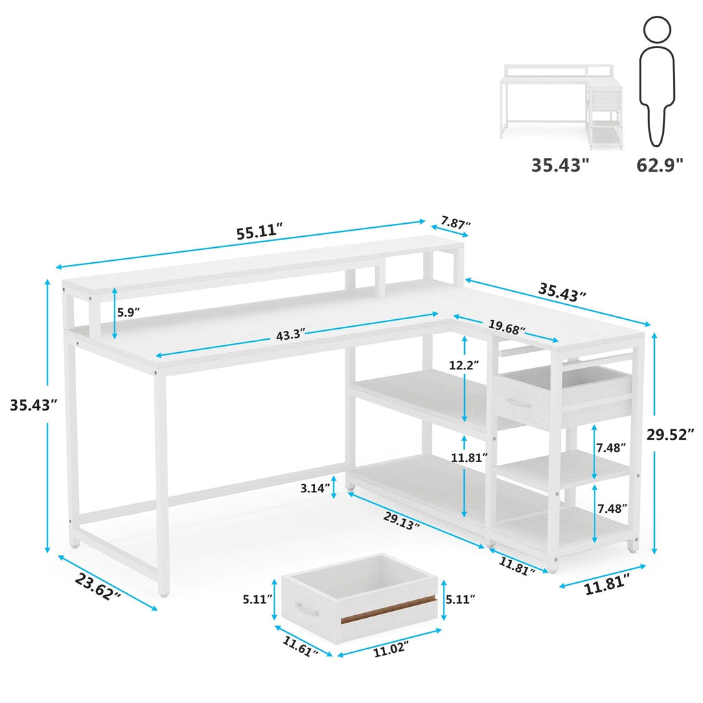 Bureau en L avec tiroir, bureau d'angle avec étagères de rangement et support d'écran, bureau PC rustique pour petits espaces