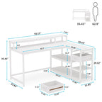Bureau en L avec tiroir, bureau d'angle avec étagères de rangement et support d'écran, bureau PC rustique pour petits espaces