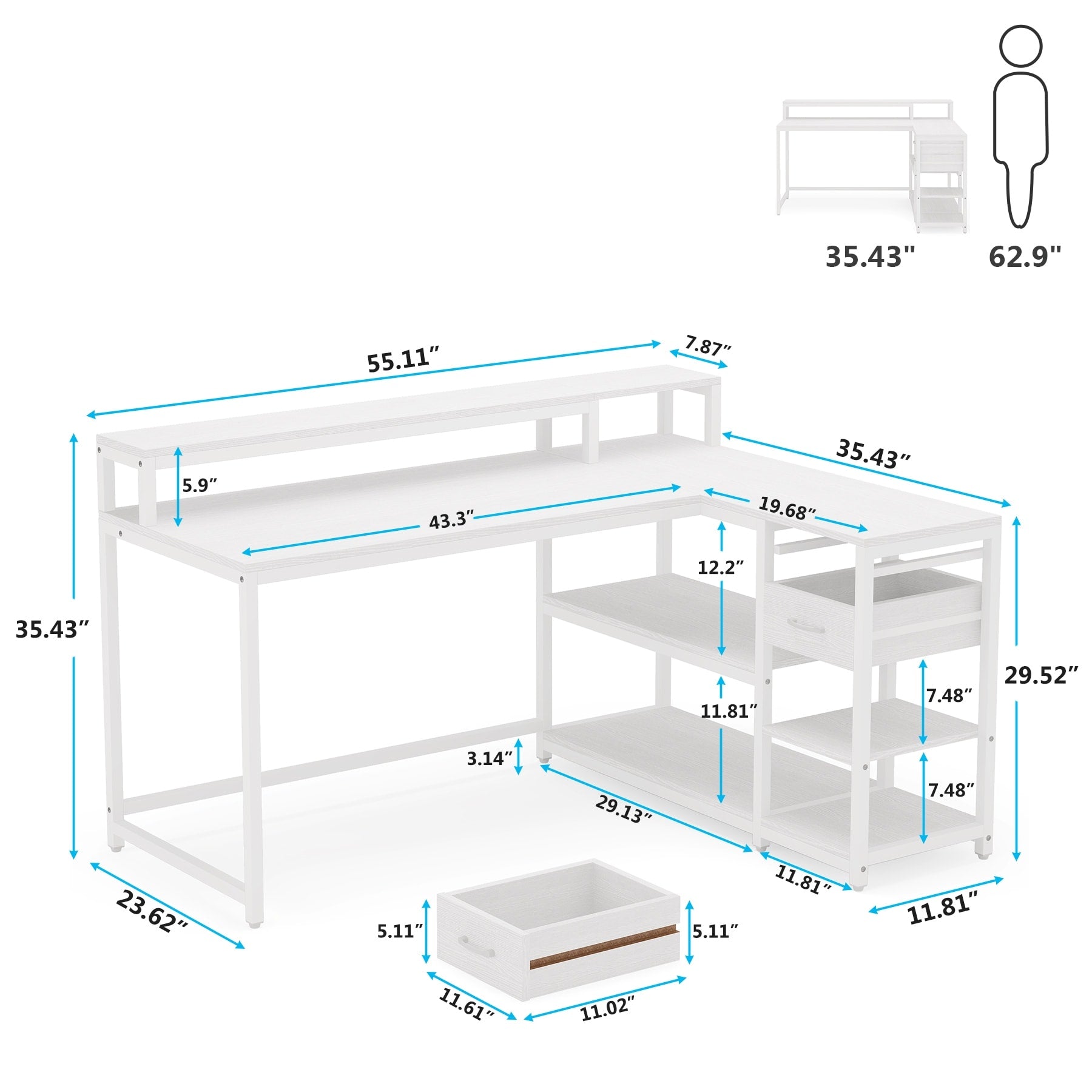 Bureau en L avec tiroir, bureau d'angle avec étagères de rangement et support d'écran, bureau PC rustique pour petits espaces