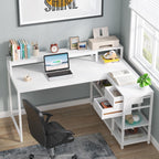 Bureau en L avec tiroir, bureau d'angle avec étagères de rangement et support d'écran, bureau PC rustique pour petits espaces