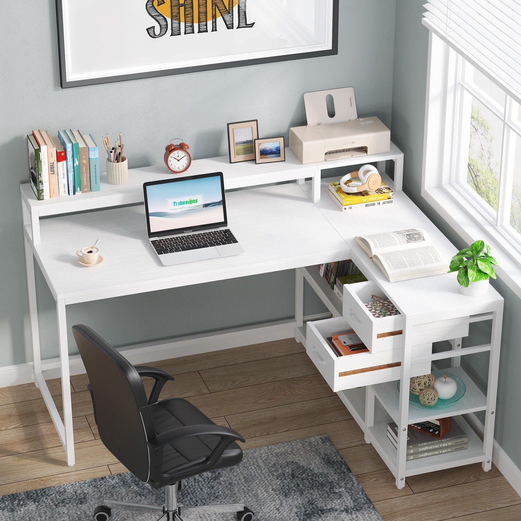 Bureau en L avec tiroir, bureau d'angle avec étagères de rangement et support d'écran, bureau PC rustique pour petits espaces