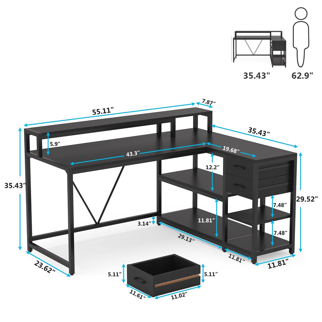 Bureau en L avec tiroir, bureau d'angle avec étagères de rangement et support d'écran, bureau PC rustique pour petits espaces