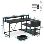 Bureau en L avec tiroir, bureau d'angle avec étagères de rangement et support d'écran, bureau PC rustique pour petits espaces
