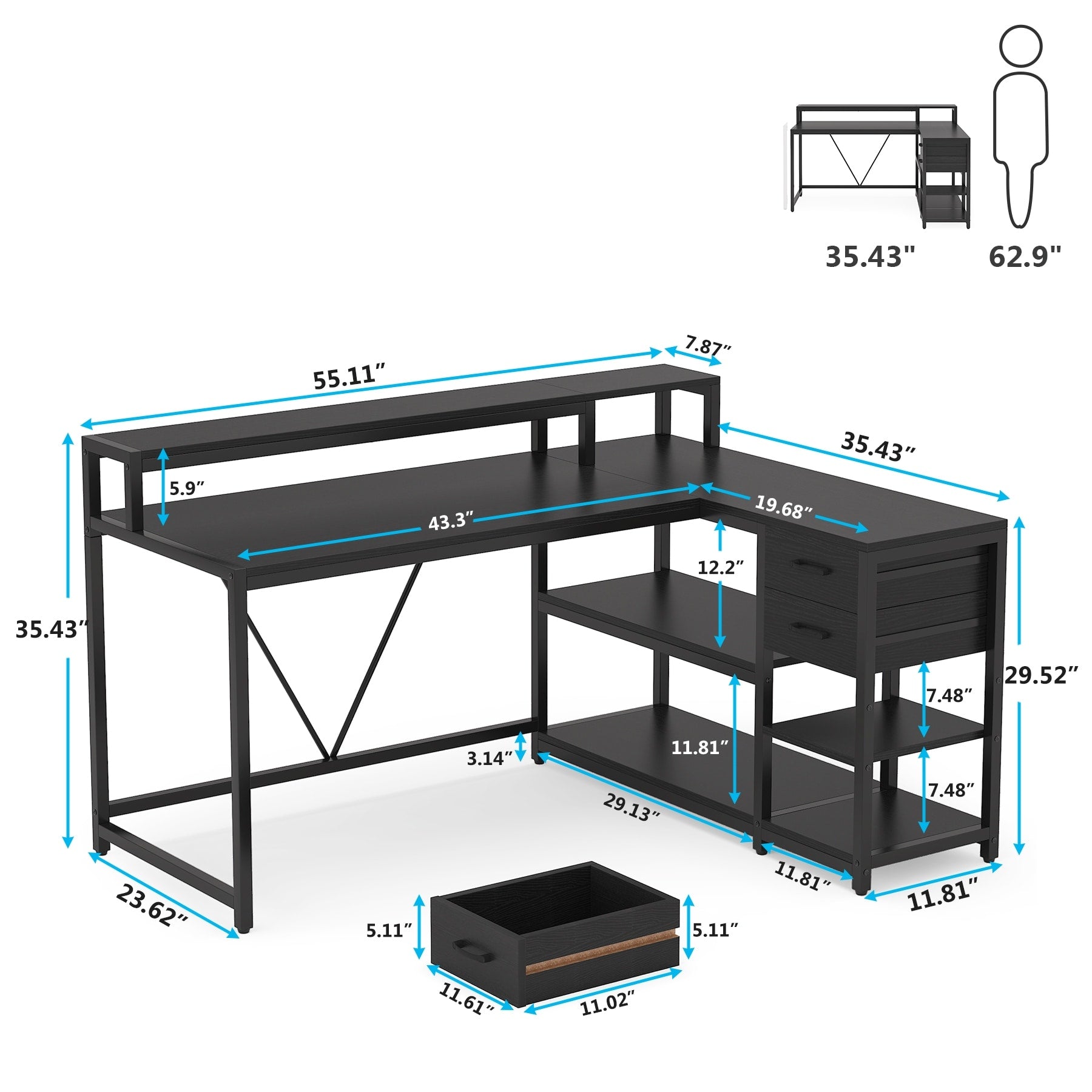 Bureau en L avec tiroir, bureau d'angle avec étagères de rangement et support d'écran, bureau PC rustique pour petits espaces