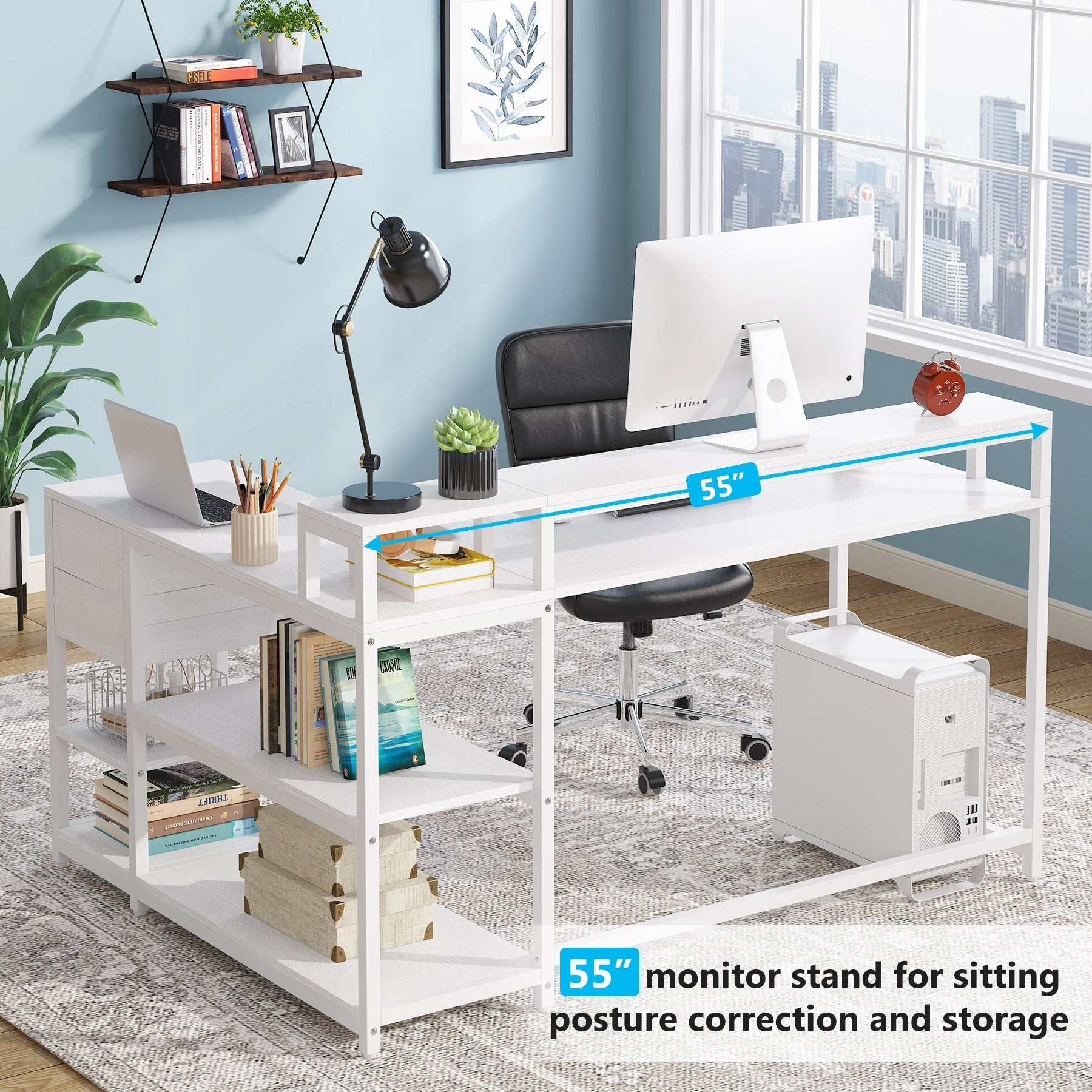 Bureau en L avec tiroir, bureau d'angle avec étagères de rangement et support d'écran, bureau PC rustique pour petits espaces