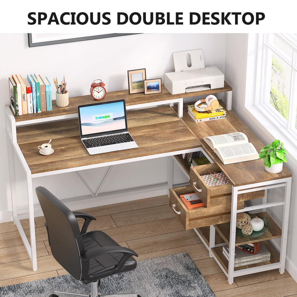 Bureau en L avec tiroir, bureau d'angle avec étagères de rangement et support d'écran, bureau PC rustique pour petits espaces