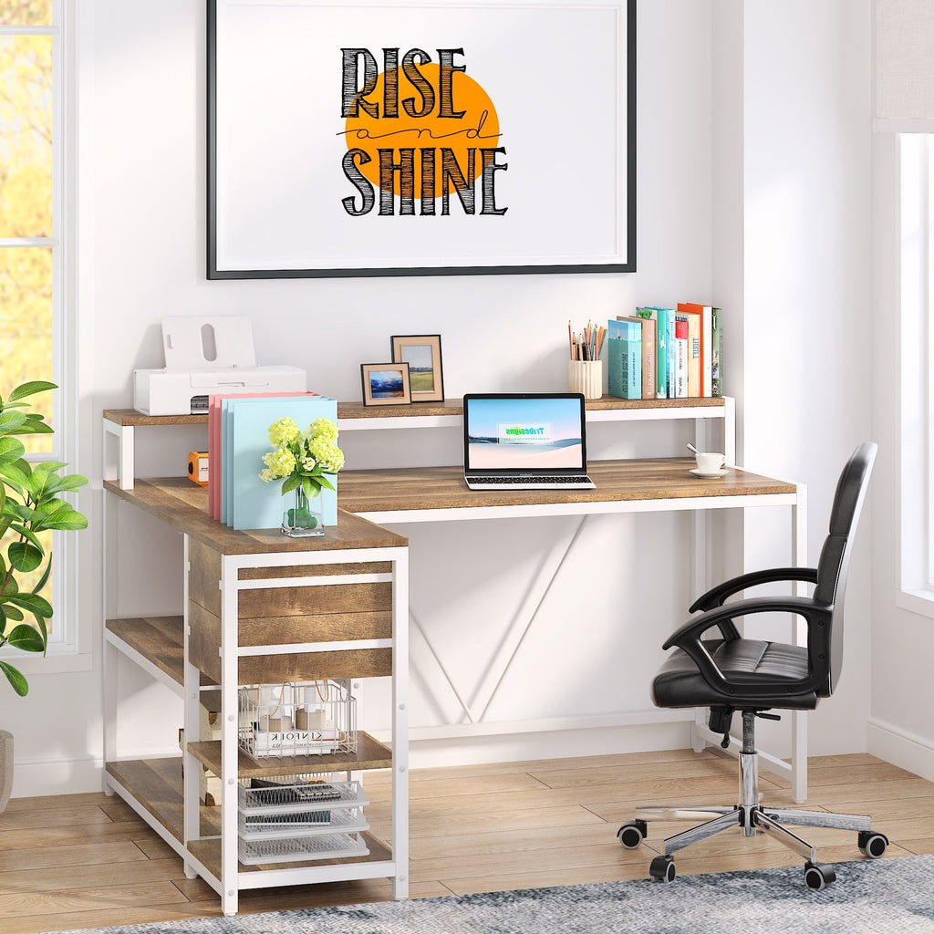 Bureau en L avec tiroir, bureau d'angle avec étagères de rangement et support d'écran, bureau PC rustique pour petits espaces