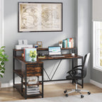 Bureau en L avec tiroir, bureau d'angle avec étagères de rangement et support d'écran, bureau PC rustique pour petits espaces