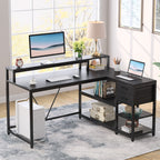 Bureau en L avec tiroir, bureau d'angle avec étagères de rangement et support d'écran, bureau PC rustique pour petits espaces