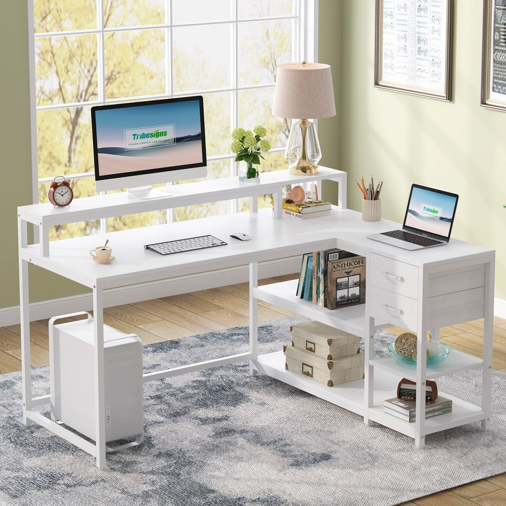 Bureau en L avec tiroir, bureau d'angle avec étagères de rangement et support d'écran, bureau PC rustique pour petits espaces