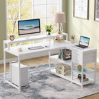 Bureau en L avec tiroir, bureau d'angle avec étagères de rangement et support d'écran, bureau PC rustique pour petits espaces
