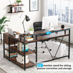 Bureau en L avec tiroir, bureau d'angle avec étagères de rangement et support d'écran, bureau PC rustique pour petits espaces