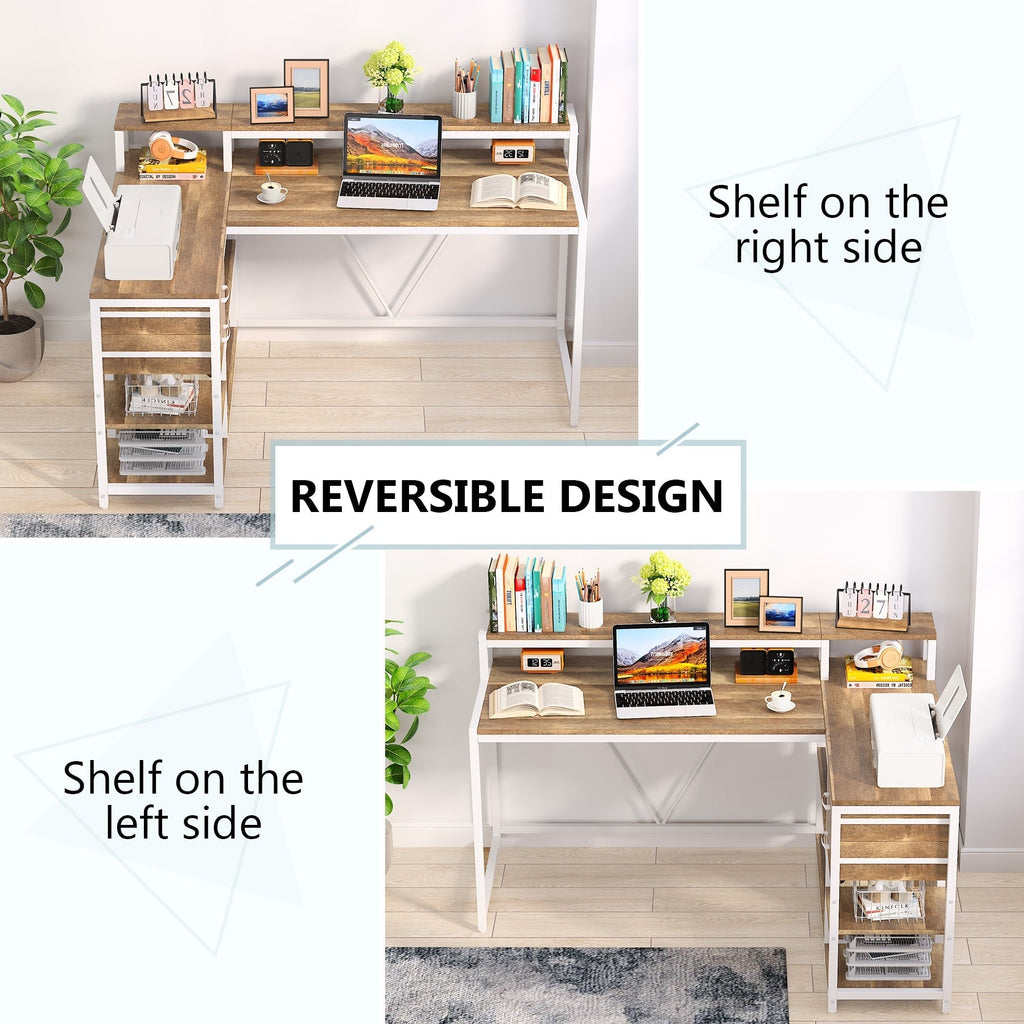 Bureau en L avec tiroir, bureau d'angle avec étagères de rangement et support d'écran, bureau PC rustique pour petits espaces