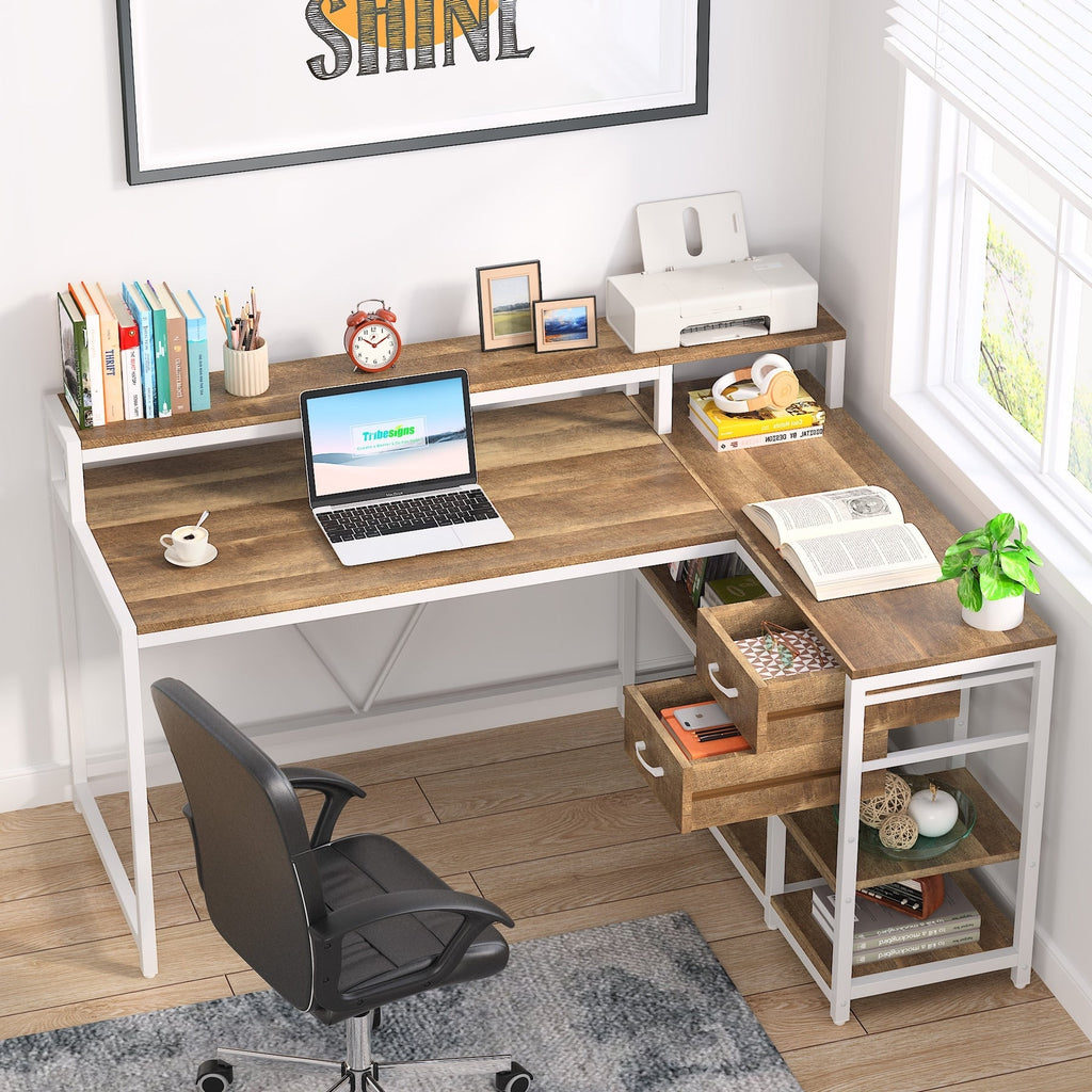 Bureau en L avec tiroir, bureau d'angle avec étagères de rangement et support d'écran, bureau PC rustique pour petits espaces