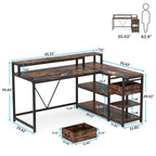 Bureau en L avec tiroir, bureau d'angle avec étagères de rangement et support d'écran, bureau PC rustique pour petits espaces