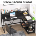 Bureau en L avec tiroir, bureau d'angle avec étagères de rangement et support d'écran, bureau PC rustique pour petits espaces