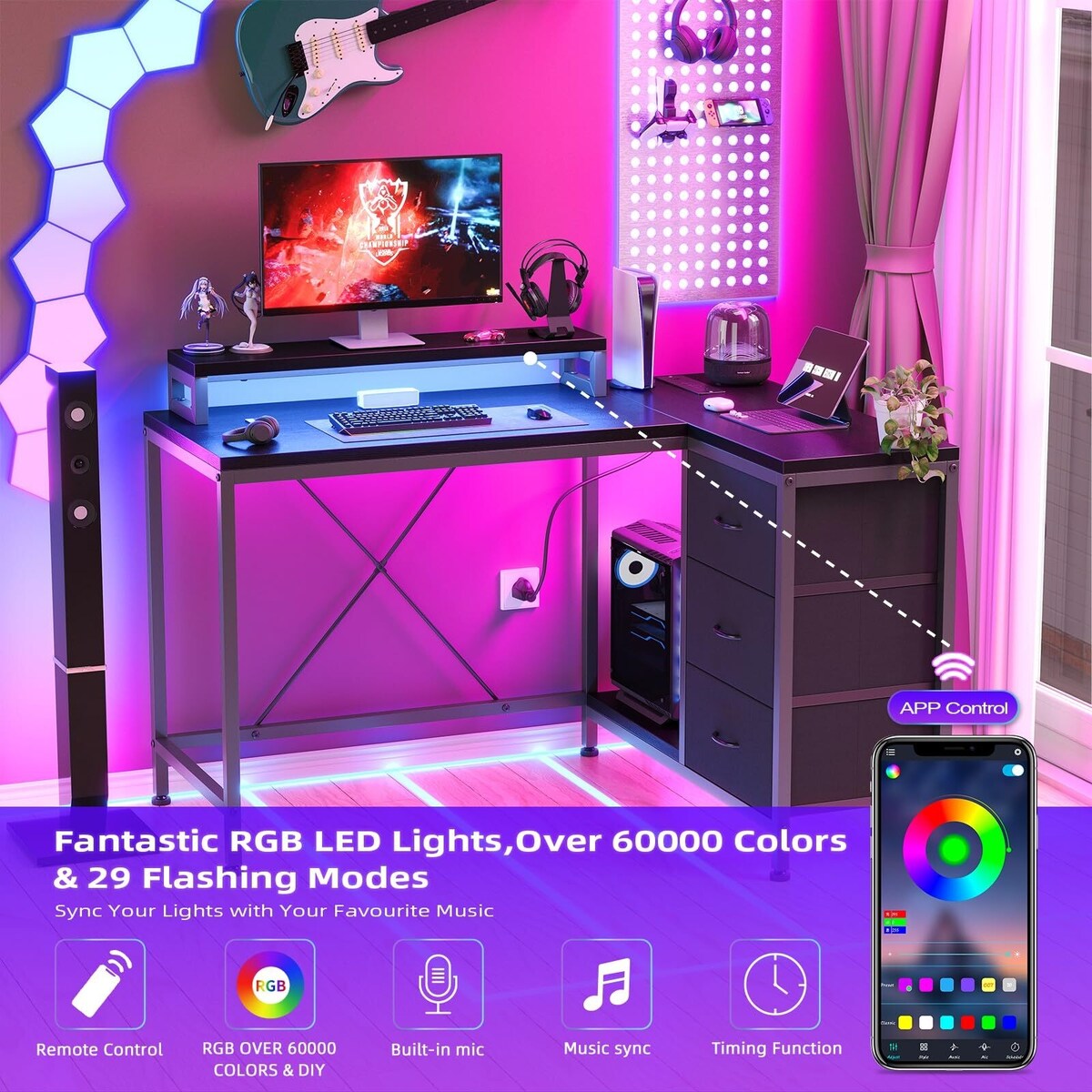 Bureau en L avec prises de courant et lumières LED