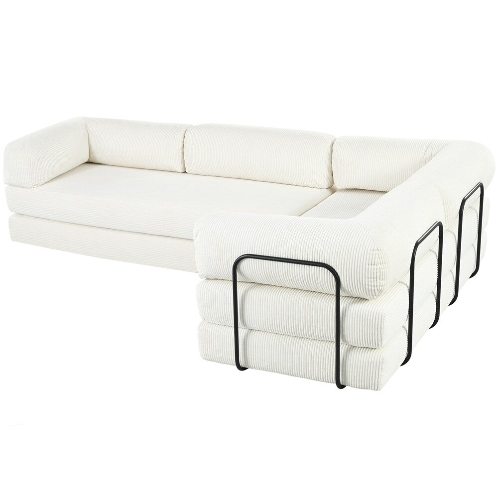 Canapé-lit modulaire en L en tissu velours côtelé